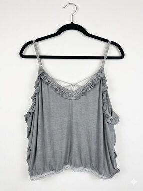 POL Grey Ruffle Lace Trim‎ Boho Cropped Cami Strappy Back Small